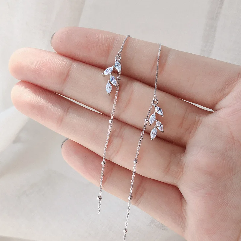 tassel ear line zircon leaves dangle earring 100% 925 Sterling silver Jewelry fashion Hypoallergenic dangle earrings women gift