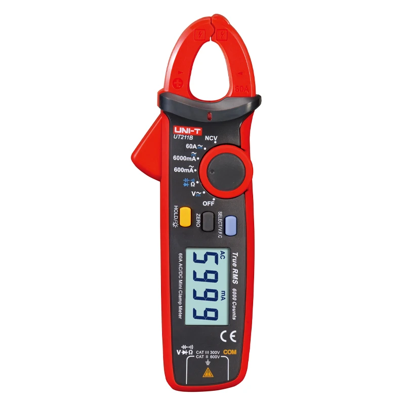 Uni-t UT211B AC/DC 60A Мини цифровые клещи; истинный Амперметр RMS, V. F. C./NCV/сопротивление/измерение емкости, ЖК-подсветка