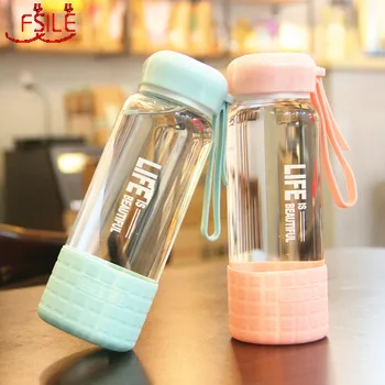 

FSILE 450ML Glass Portable Cup Female Student Creative Heat-resistant Water Bottle Fresh and Cute Simple Korean Glass Water Cup