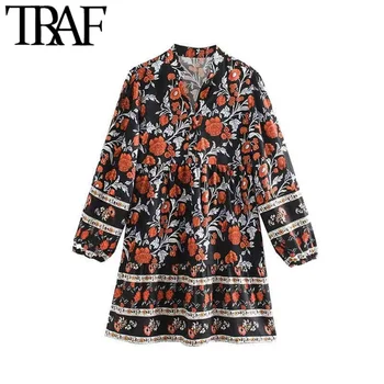 

TRAF Women Vintage Elegant Floral Print Mini Dress Fashion V Neck Long Sleeve Female Dresses Chic Vestidos Mujer