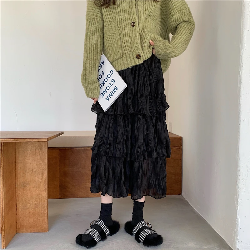 Черный Шифоновая юбка для женщин s Faldas Mujer Moda модная эластичная высокая талия сетчатая юбка-пачка Макси плиссированная длинная миди Saias Jupe Женская юбка - Цвет: Черный