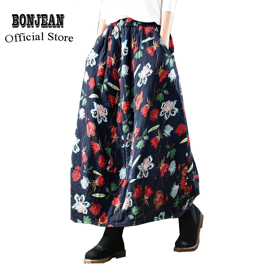 Женская юбка с хлопковой подкладкой, плотная, для осени и зимы, с цветочным принтом, элегантная, Ретро стиль, винтажная, модная, повседневная, длинная, AZ20322122