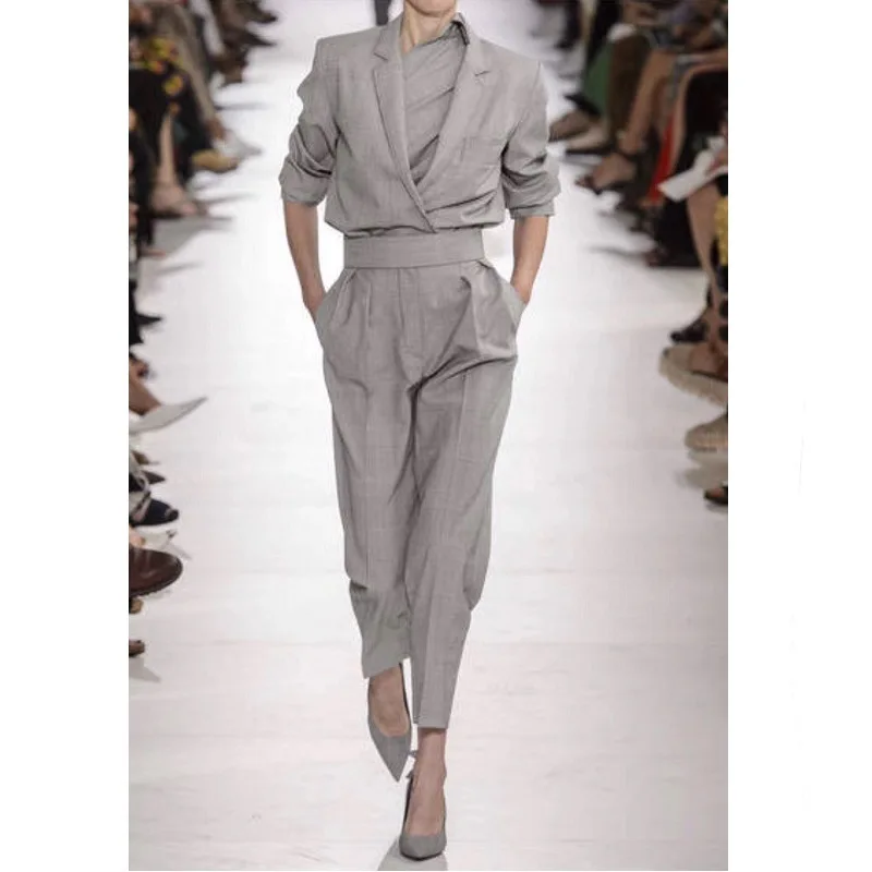 

Grid Suit Collar Seven Points Sleeve Length Money Siamese Pants Female Match Belt
