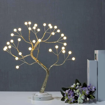 

USB Battery Table Lamp Pearl 36 LED Warm Light Shimmer Tree Desk Lamp Touch Switch Copper Wire Light For Bedroom Party Decor