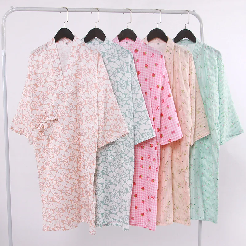 Women Japanese Kimono Traditional Pure Cotton Bathrobe Night Dress Sweet Printing Thin Long Sleeve Cardigan Yukata Home Clothes