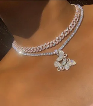 

2020 NEW Iced out bling women girl jewelry 18" tennis chain 3pcs cz butterfly pendant necklace
