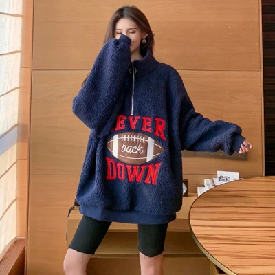 Navy blue Искусственный свитер из шерсти ягненка для женщин водолазка толстовки осень зима толстые теплые топы свободный пуловер женский Harajuku кофты Пальто - Цвет: Navy blue