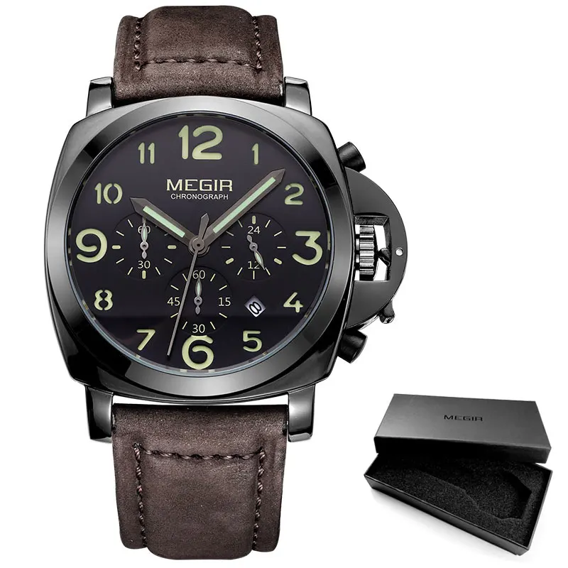 ML3406-Black Megir Мужские Хронограф светящийся кварцевые часы с календарем Дата Круглый Аналоговый военный Кожаный ремешок наручные часы для мужчин ML3406G - Цвет: ML3406-Black