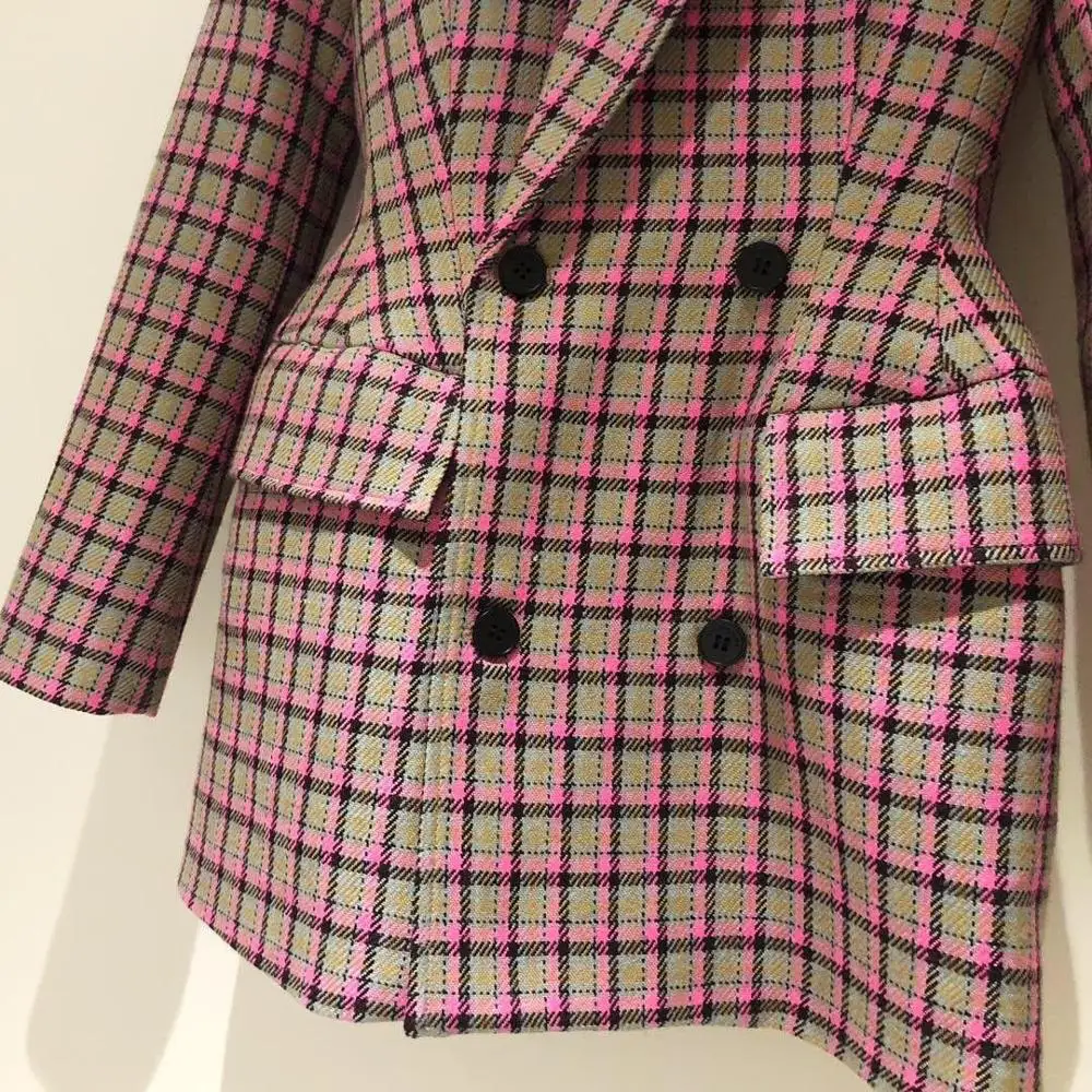 Осень, высокое качество, женский розовый клетчатый Блейзер, пальто, Женский двойной шерстяной Блейзер, верхняя одежда, 2 цвета, ddxgz3
