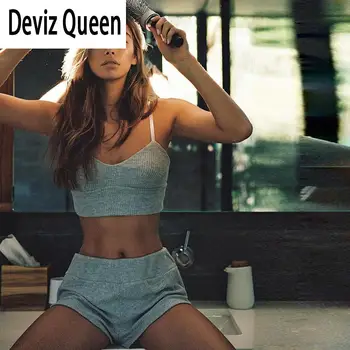 

Ribbed Knitted Two Piece Set Crop Top Strap Shorts Biker Sets Streetwear 2020 Spring Summer Clothes Outfit Active Wear