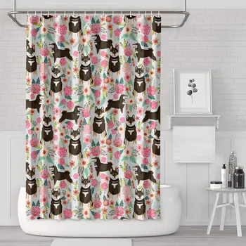 

Fabric Shower Curtain Shiba Inu Dog and Flowers Florals Decorative Bath Curtain with Hooks, 71 X 71 Inches, for Master, Kid's,