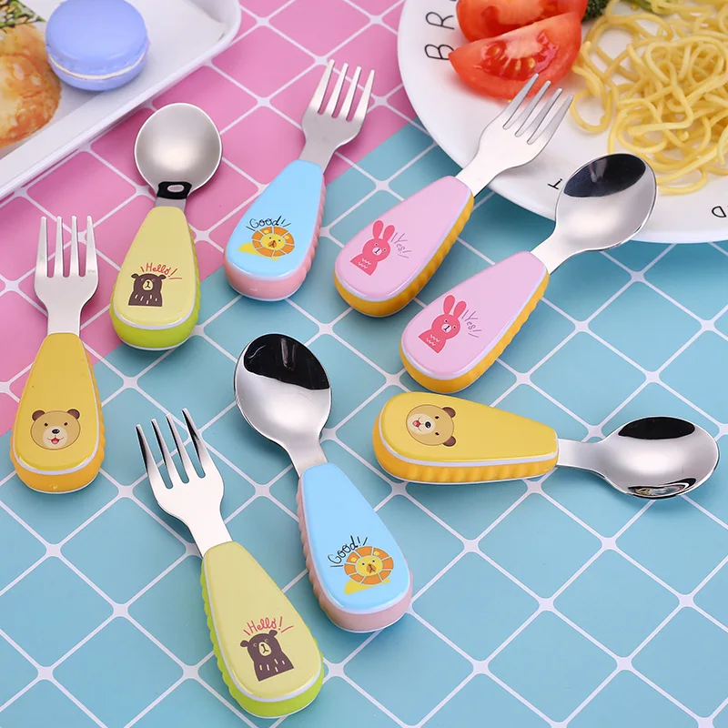 

Tofok 2pcs/set Baby Food Feeding Spoon Fork Set Stainless Steel Children Tableware Kids Eating Cutlery Cartoon Animal Flatware