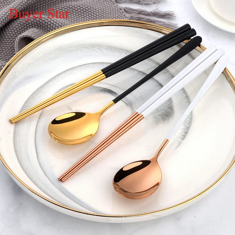 Luxury Korean Stainless Steel Chopsticks Spoon Set Reusable metal dinner spoon Ha Sushi