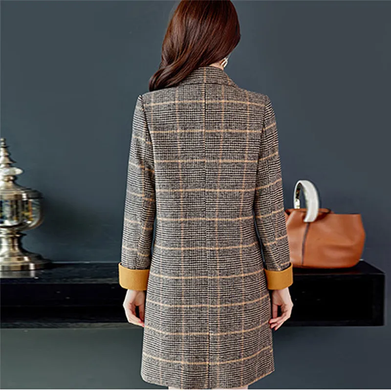 Модное женское шерстяное пальто, куртка, стильное клетчатое винтажное шерстяное пальто с длинным рукавом и карманами на пуговицах, осенне-зимнее Теплое повседневное длинное пальто