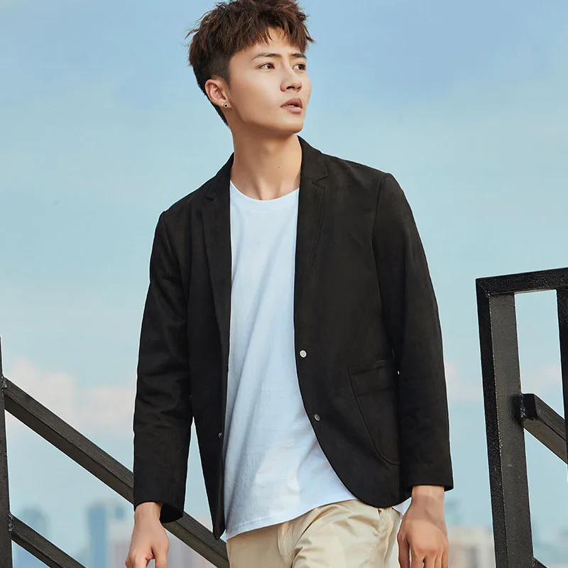 Spring Autumn Solid Men Blazers Suede Khaki Black Slim Fit Blazer Jacket Male Fashion Street Casual Suit Costume Regular Coat Spring Autumn Solid Men Blazers Suede Khaki Black Slim Fit Blazer Jacket Male Fashion Street Casual Suit Costume Regular Coat