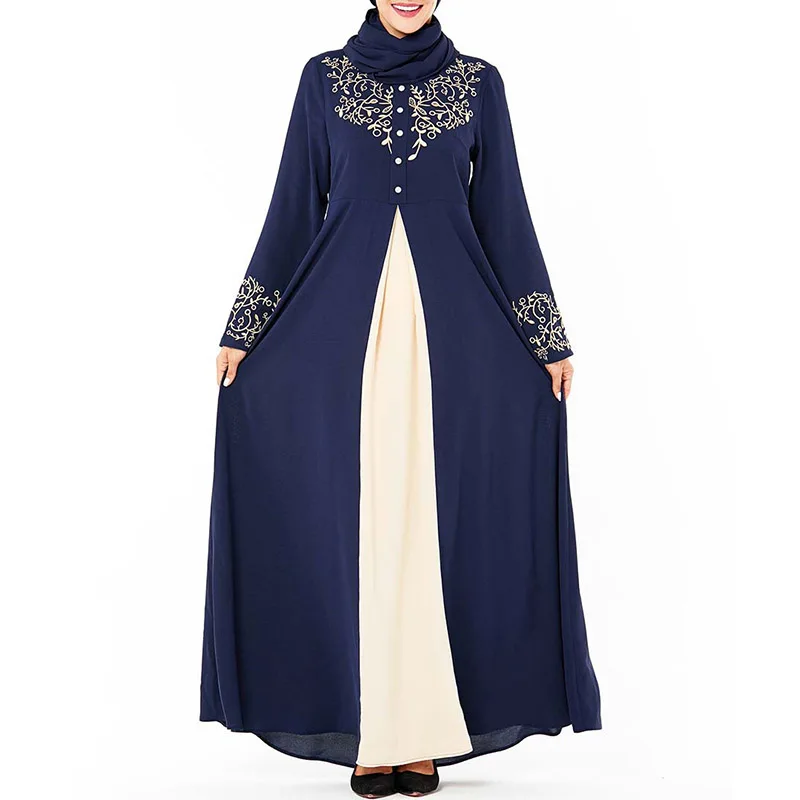 Middle East long-sleeved fake two-piece robes Dubai Arabian large size women's dress embroidered zipper stitching Muslim dress