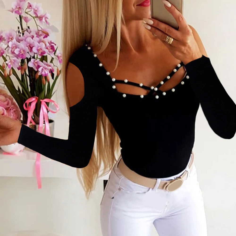 

Tee Shirt femme Knitted Long Sleeve Beaded Women T-shirt Autumn Fall 2019 Casual Lady Hollow Out Slim Fit Tops Sexy Tshirt D35