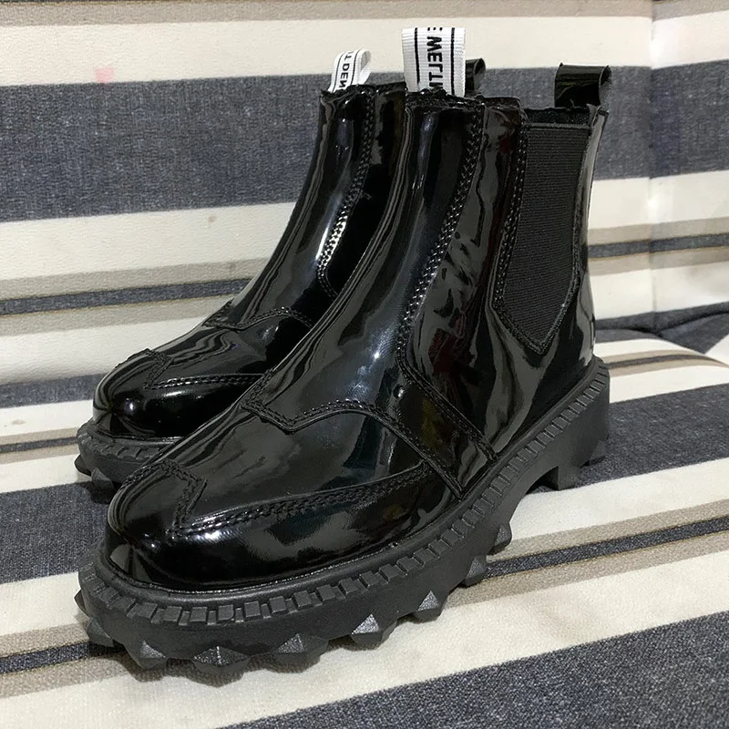 

Women's Chelsea Boots Ladies Elastic Band Patent Leather Boot Women Chunky Heels Waterproof Woman Casual Comfy Shoes Fashion