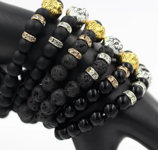 8mm y3s23 micro pave cz zircon cubic zirconia elastic adjusted Charm Punk nature lion head Lava Volcanic Stone Bracelet | Украшения и