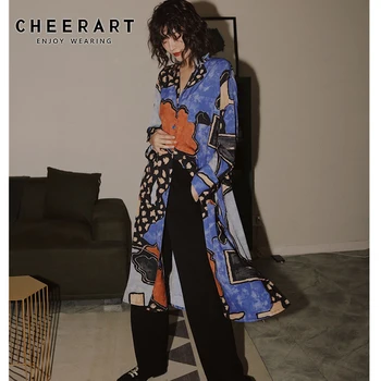 

CHEERART Oil Painting Oversized Long Shirt Women Color Block Loose Blouse Long Sleeve Button Up Shirt Designer Shirts For Women