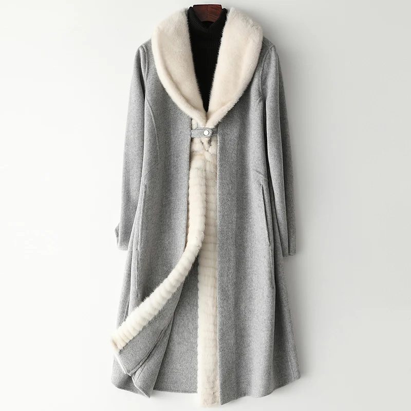 AYUNSUE Женская Шуба зимняя куртка женская натуральная норковая меховая шуба шерстяное пальто женское двухстороннее шерстяное пальто корейские куртки MY - Цвет: gray