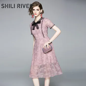 

New summer french girl lace dress for women a line short sleeve slim casual elegant cute bow neck knee length swing dress pink