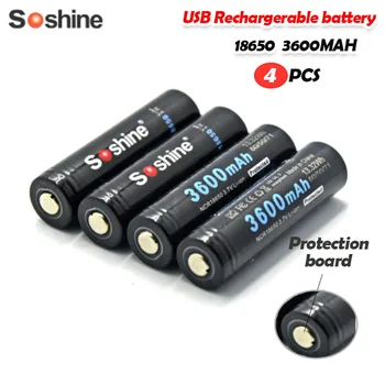 

4pcs Soshine 3.7V 13.32Wh 3600Mah NCR18650 Li-ion Rechargeable Battery With Micro-Usb Protected For Flashlight head light