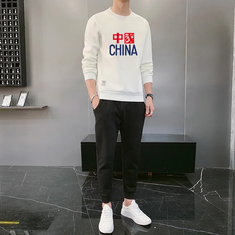 

2020 New Style Popular Brand China Printed Fashion Long Sleeve Crew Neck Hoodie Suit Men Sports Casual Two-Piece Set