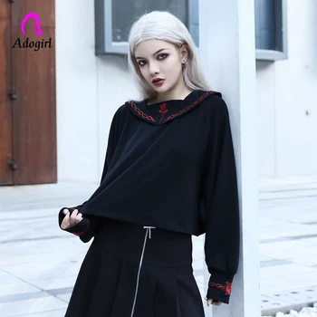 

Adogirl Harajuku Black Sailor Collar Embroidery Rose T-shirt Women Gothic Punk Autumn Batwing Sleeve Halloween Cotton Crop Tops