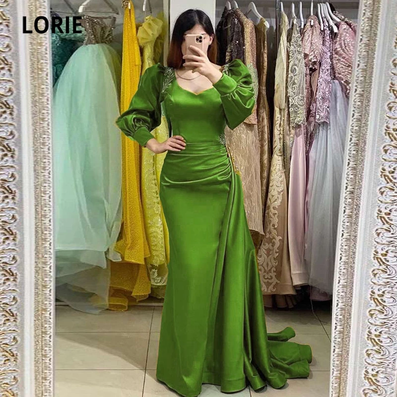 women's formal dresses & gowns Eightale Arabic Evening Dress V-Neck Long Puff Sleeves Green Satin Beaded Mermaid Prom Gown Mother of the Bride Dress 2021 evening wear