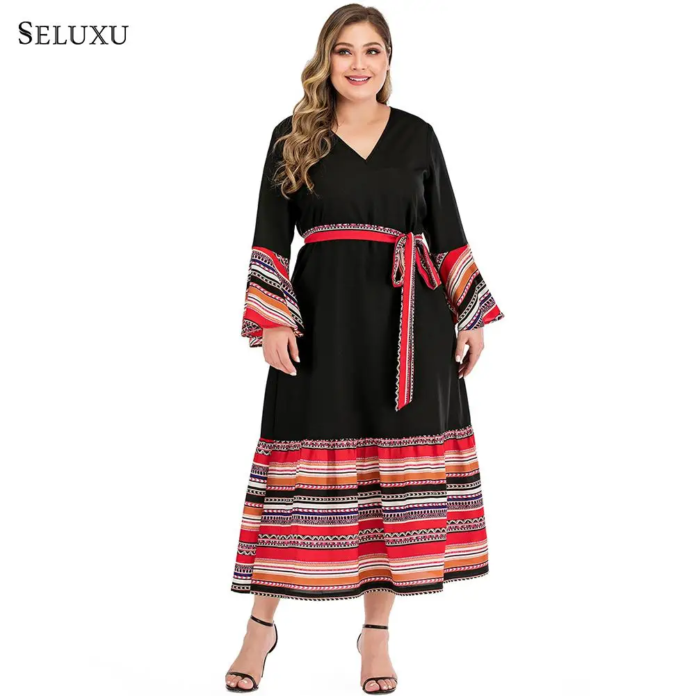 

Seluxu 2019 Autumn Plus Size Women Dress vestidos Dress Long Sleeve Floral Print Patchwork Dress Elegant Large Size Women Dress