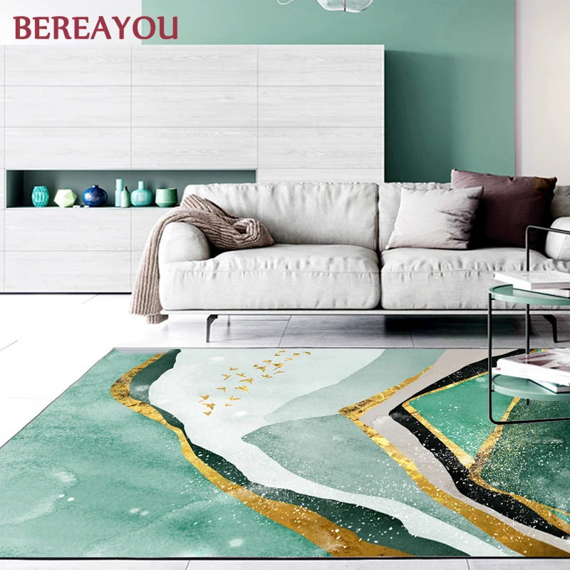 Luxury Rugs For Kids Bedroom Abstract Green Gold Carpet Home Living room Bedside Flool Mat Modern Rectangle Kitchen Hallway Rug