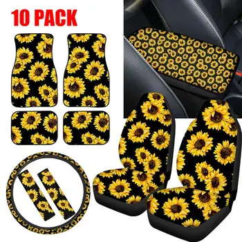

10XUniversal Car Seat Cover Protective sleeve set Steering Wheel Cover Hand Box Cover Sunflower Print Waterproof cover 10PCS