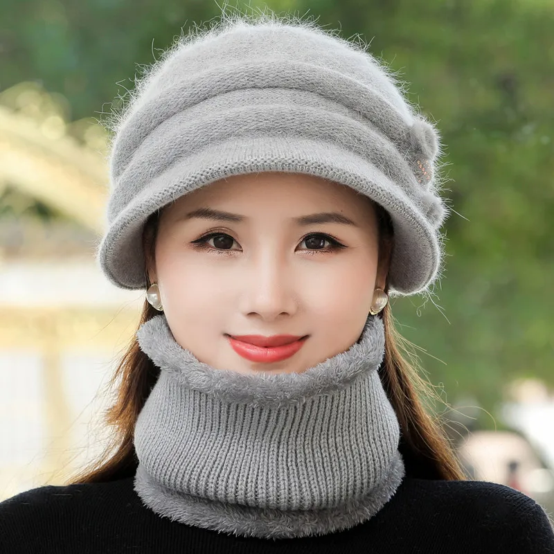 여성용 겨울 모자, 따뜻한 모자, 모피 안감 모자, 스카프, 따뜻한 세트, 패션 모자, 캐주얼 토끼 모피 니트 버킷 모자, 신제품