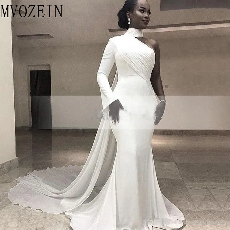 

White High Neck Single Long Sleeve Mermaid Formal Evening Dresses Chiffon Train Simple Trumpet Africa Women's Evening Gown