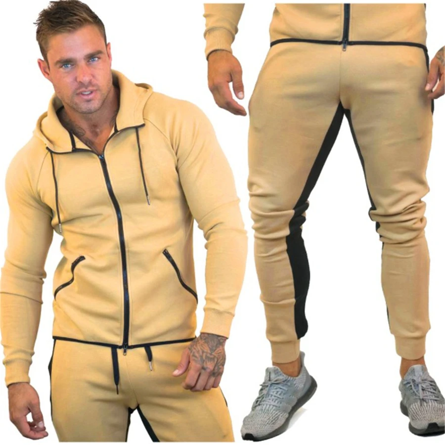 khaki YEMEKE мужские комплекты из двух предметов спортивная одежда беговой костюм мужские спортивные куртки с капюшоном+ брюки мужские спортивные костюмы худи для бодибилдинга мужские костюмы - Цвет: khaki