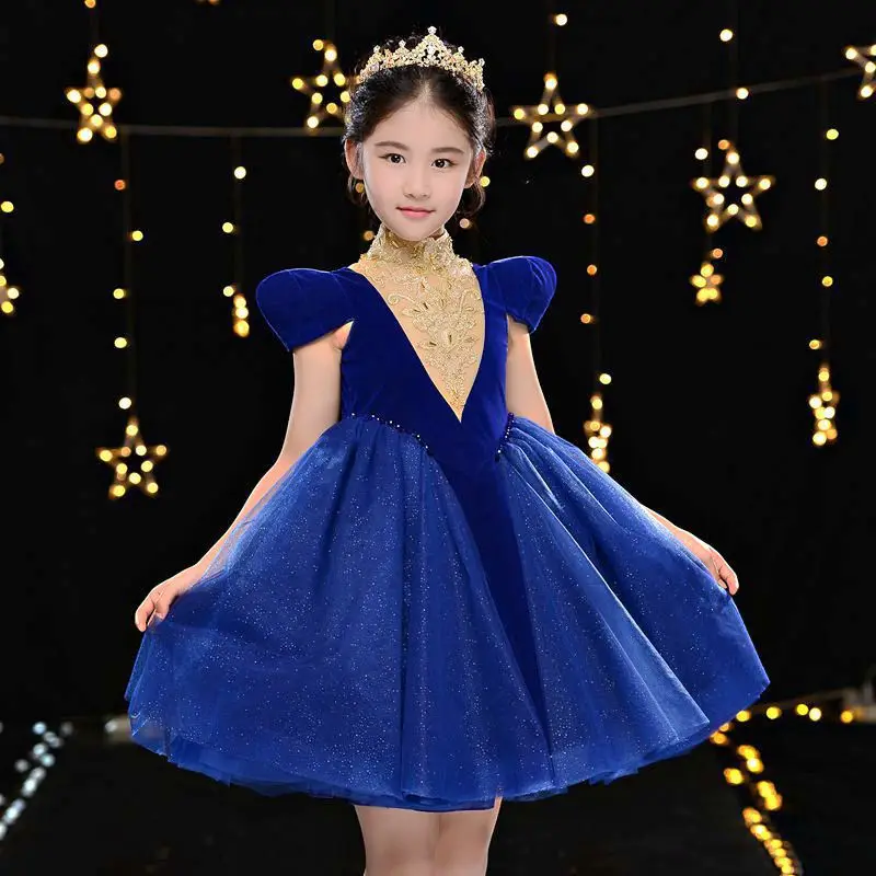 Royal Blue Embroidery Flower Girl Dresses for Wedding High Collar Vintage Kids Pageant Dress Retro Princess Birthday Dress