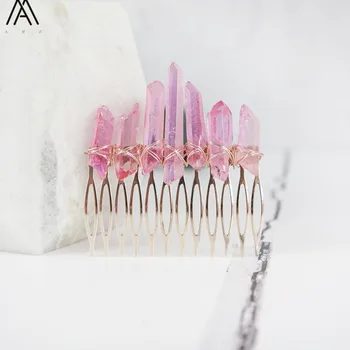 

5PCS Rose Gold Wire Wrapped Pink AB Quartz Points Hair Combs Tiara For Women Crystal Combs Wedding Combs Jewelry HG051AMAA.E