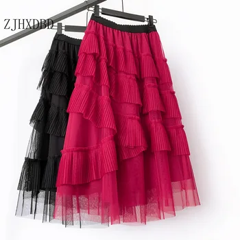 

2020 Red Women Midi Skirt Spring Summer Ruffles Asymmetry Mesh High Waist Solid Casual Skirt for Women Femme Mesh Black Clothes