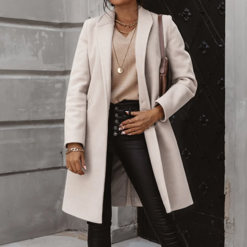 

2020 Autumn Women Wool Coat Long Sleeve One Button Fashion Turn Down Female Blends Causal Loose business Coat Winter Outwear