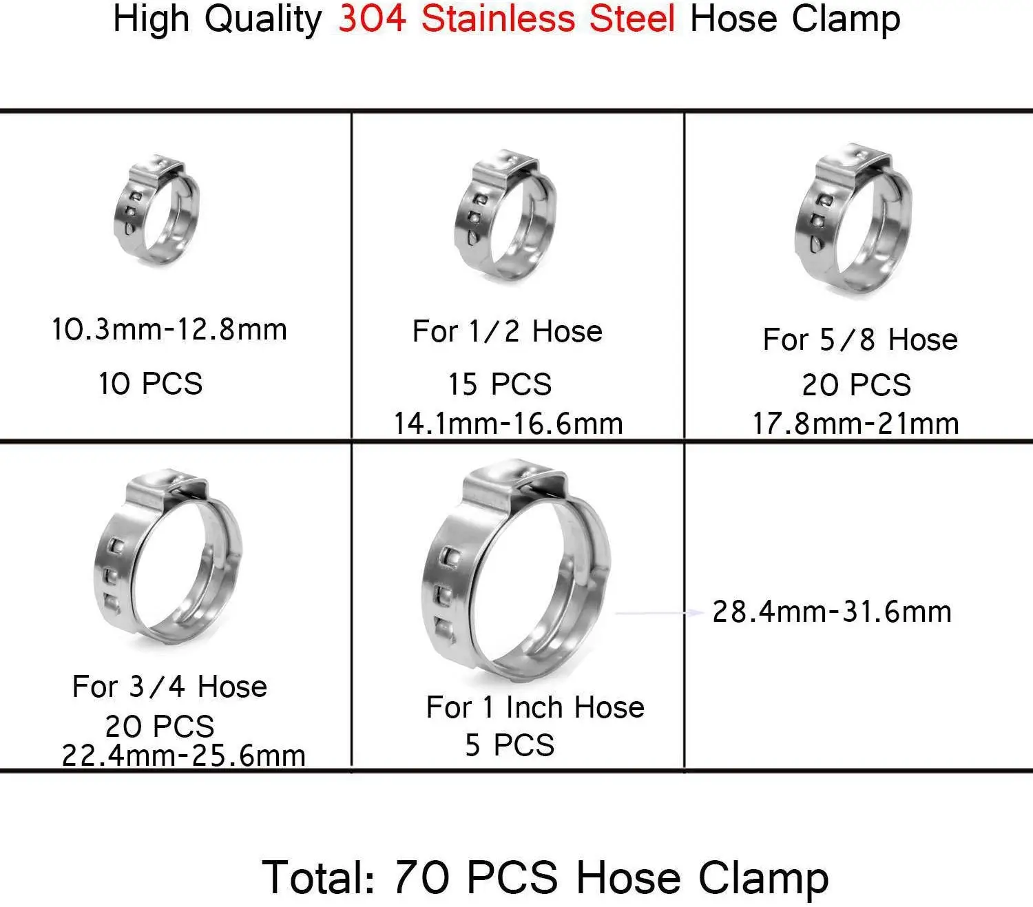70Pcs 304 Stainless Steel Single Ear Stepless Hose Clamps Clamp Assortment Kit Crimp Pinch Rings for Securing Pipe Hoses | Обустройство