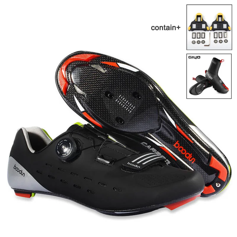 Boodun Ultralight Carbon Self-Locking Cycling Shoes Road Bike Bicycle Shoes Ultralight Athletic Racing Sneakers Zapatos Ciclismo - Цвет: with cleats x cover