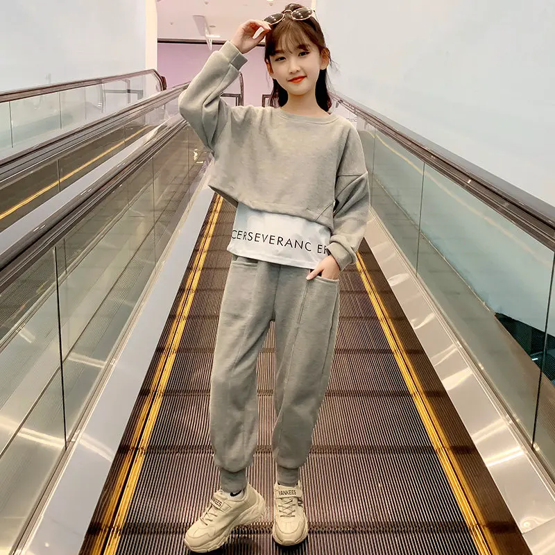 

Teenage Girls Clothes 2023 Children's Clothing Sport Suits Fake Two Piece Top and Pants 2Pcs Cotton Kids Tracksuit For 4-13Years