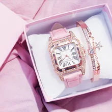 Aliexpress - Women Diamond Watch Starry Square Dial Bracelet Watches Set Ladies Leather Band Quartz Wristwatch Female Clock Zegarek Damski