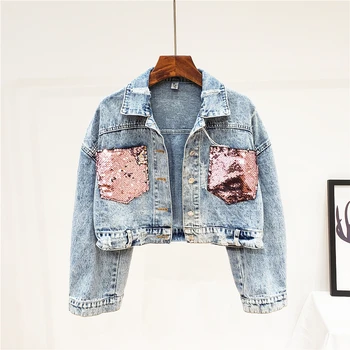 

Hrarjuku Holes Short Jeans Coat Women's 2020 Spring Autumn New Jean Jacket Sequin Applique Loose Long Sleeve Denim Jackets Tops