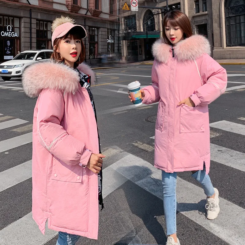 

2019 New Style Reversible Cotton Coat Women's Mid-length Thick Loose-Fit Large Fur Collar Hooded Winter Coat Cotton-padded Cloth