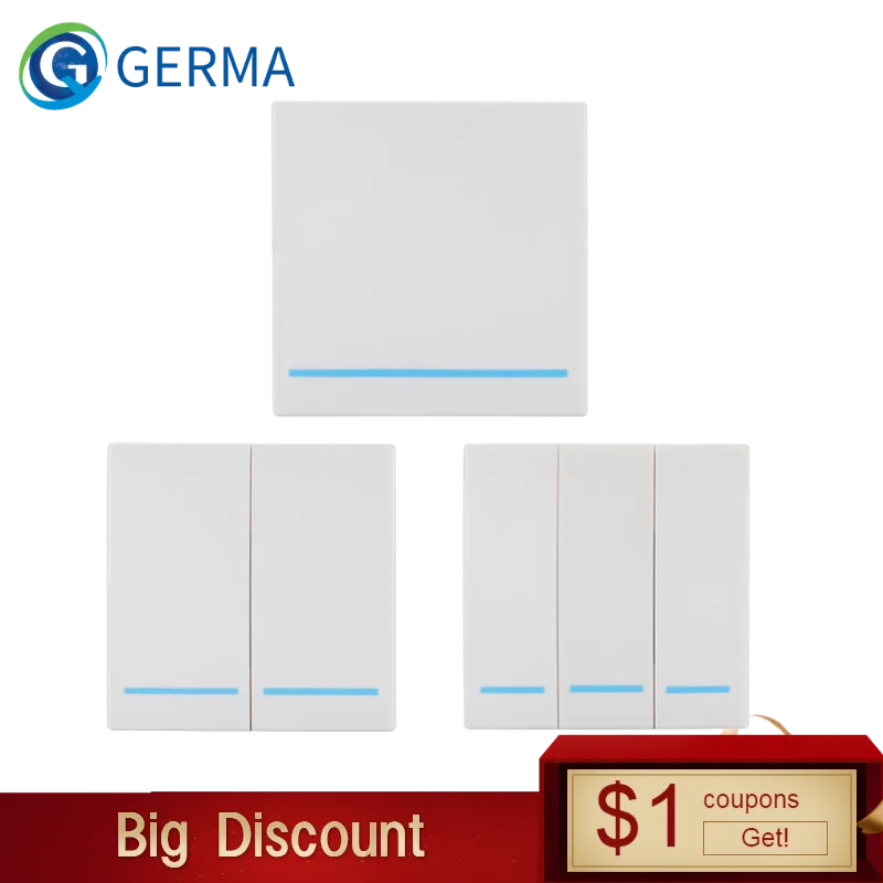 

GERMA 433MHz Universal Wireless Remote Control 86 Wall Panel RF Transmitter Receiver 1 2 3 Button For Home Room Light Switch
