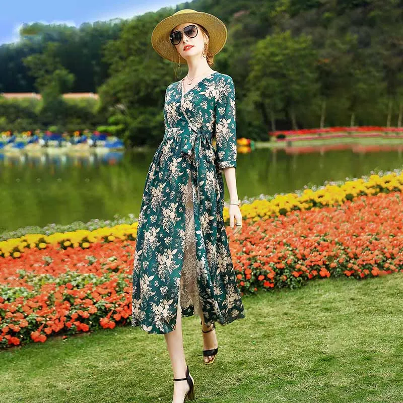 

V-Neck Silk Dress Female Spring New Vintage Style Lace Splice Print High Waist Elegant Lady A-line Dress S-XL