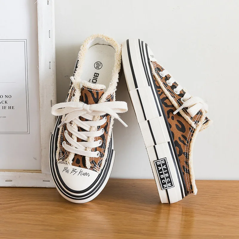 Woman Fashion Shoes Canvas Vulcanized Gumshoes Zebra Cow Print No Back Sneakers Chic Stylish Casual Shoes Leopard Good Quality