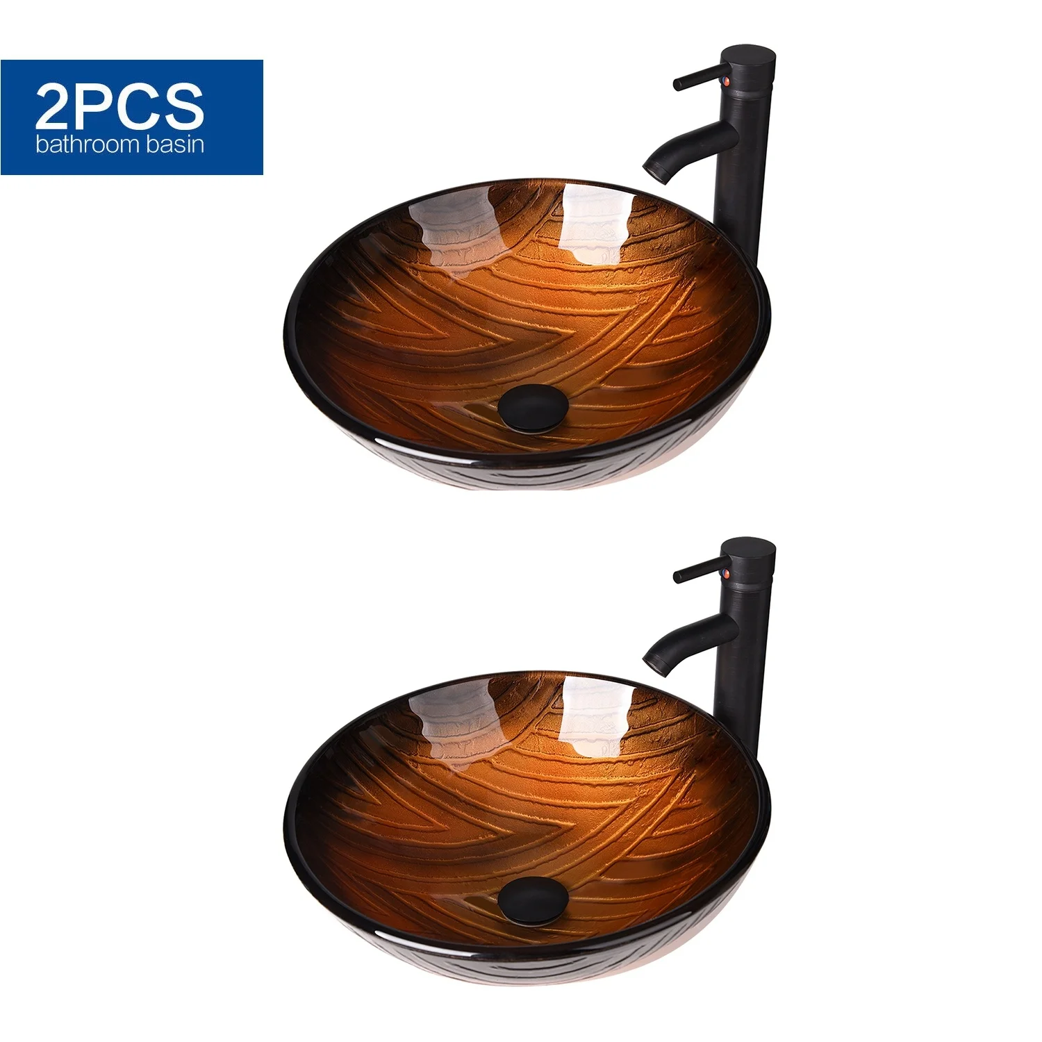 

2 PCS Bathroom Vessel Sink Top Glass Bath Basin Bowl Round Tempered Faucet Drain